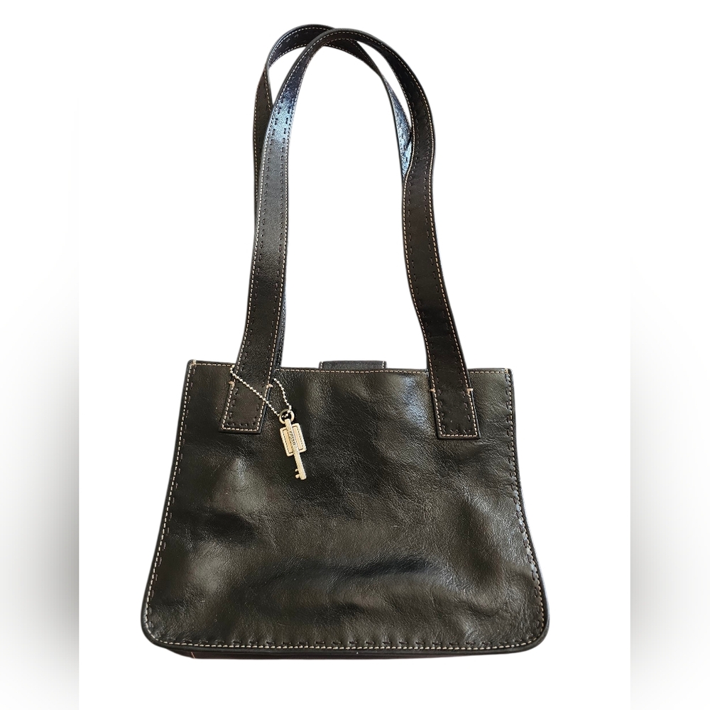 Fossil Elegant Black Leather Accent Stiching Key Logo Metal Charm City Tote Bag